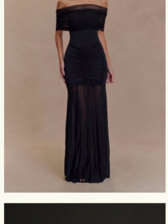 Meshki Dresses & Skirts - Meshki Black Off-Shoulder Ruched Mesh Maxi Dress